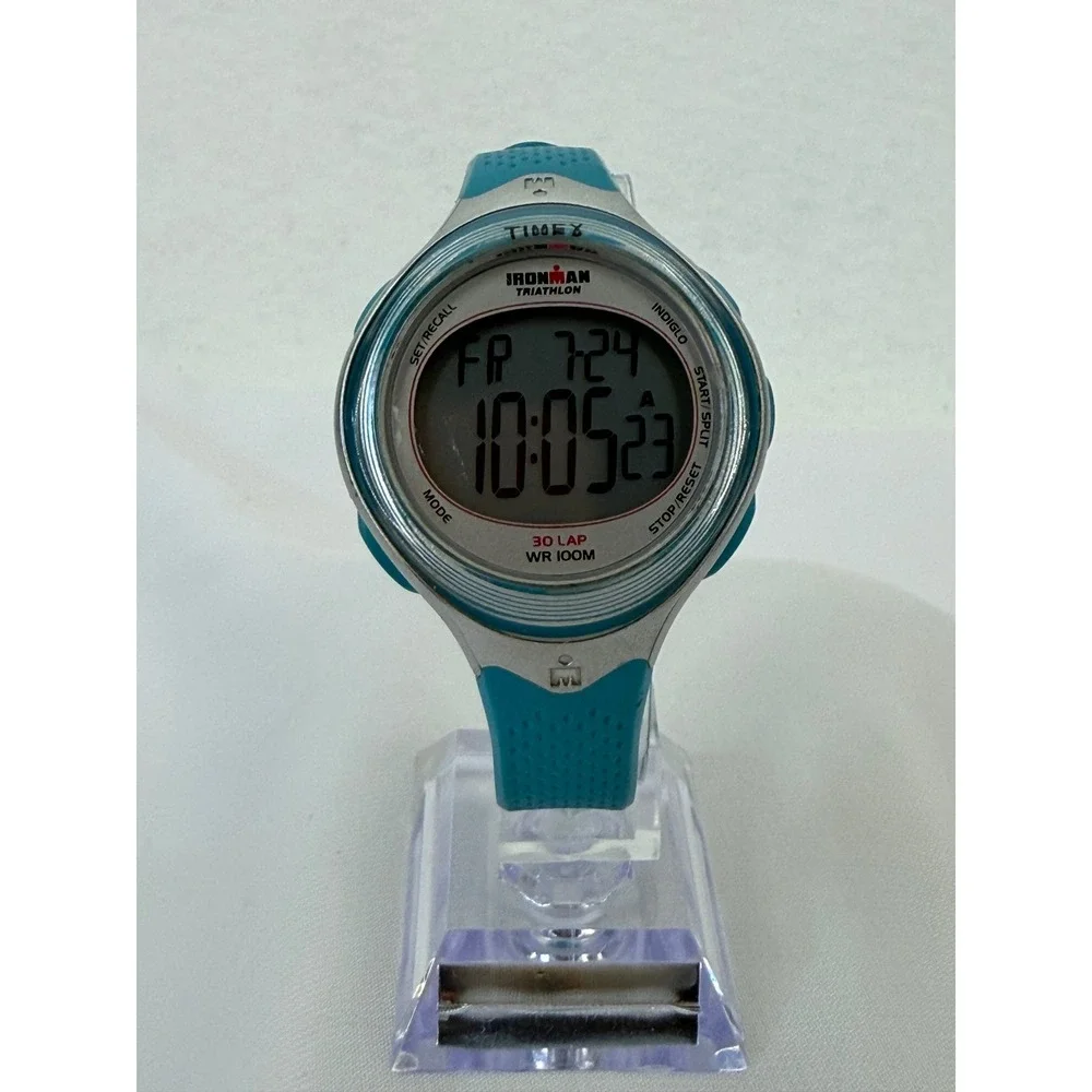 Timex Ironman Triathlon 30 Lap Digital Watch Teal Silver WR 100M Indiglo 652 02